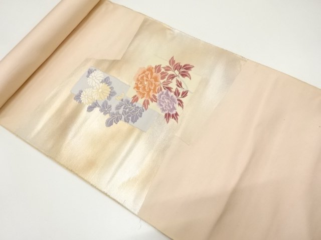 JAPANESE KIMONO / ANTIQUE BOLT FOR NAGOYA OBI / SILK / WOVEN PEONY & KIKU